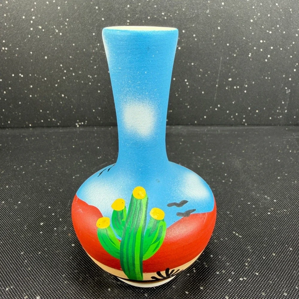 Tesa by Maack Co Desert Landscape Pottery Vase Hand Painted Cactus 5in Blue Red